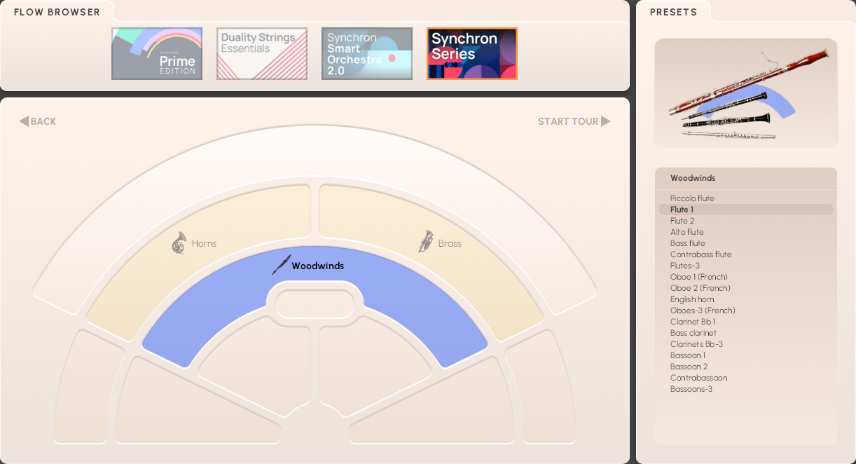 A screenshot of the Synchron player interface, showing the Woodwinds section selected, with a list of available woodwind instruments like flutes, oboes, clarinets, and bassoons in the right panel.