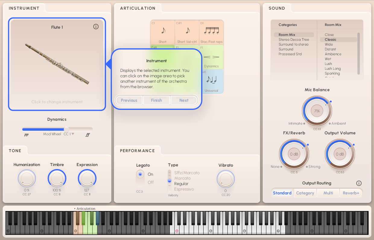 Software interface displaying a virtual flute instrument with controls for dynamics, tone, articulation, performance, sound, and output routing, optimized for Synchron Woodwinds.