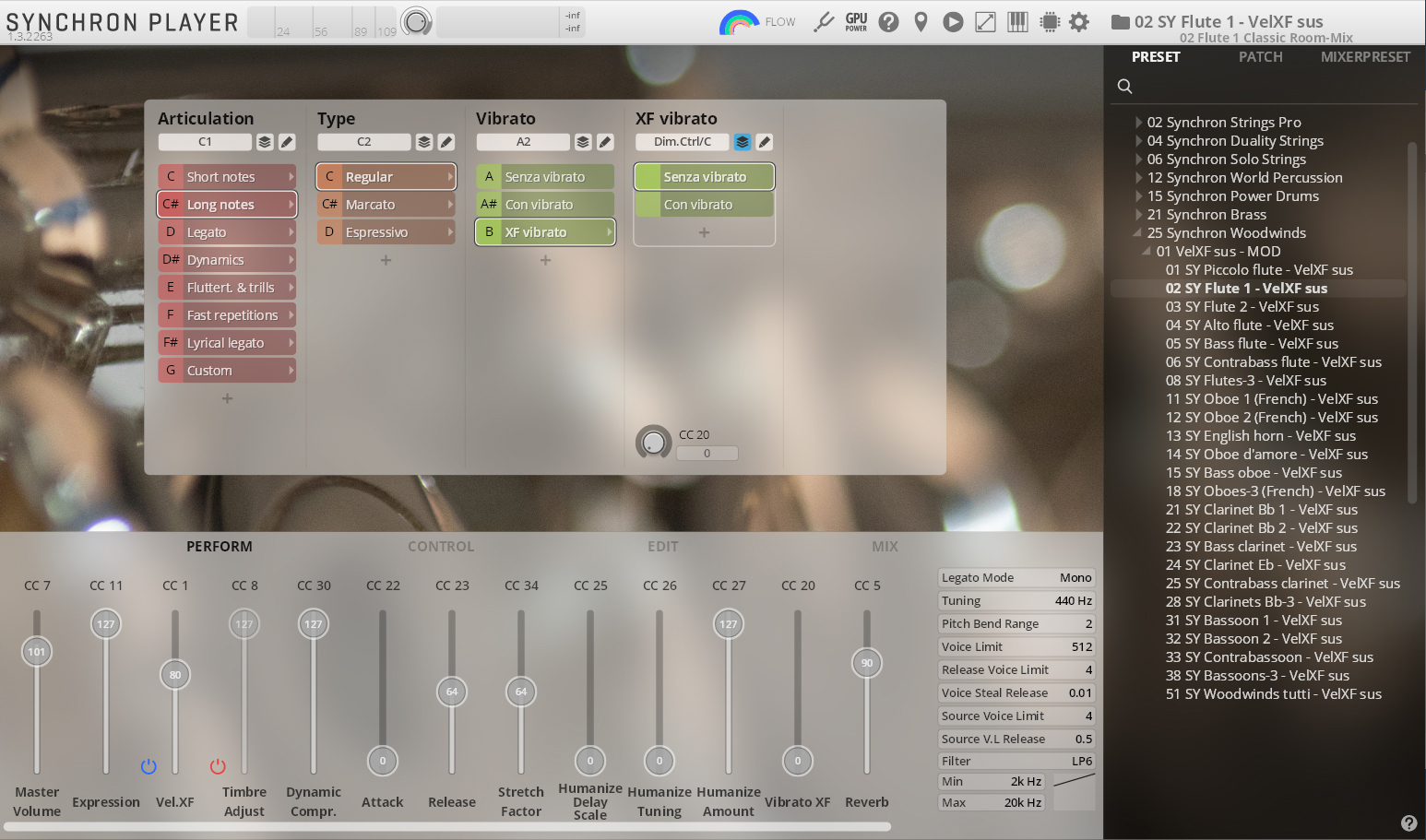 Synchron Player software interface displaying woodwind instrument sound settings, including articulation, vibrato, and performance controls, with SY Flute 1 - VelXF sus highlighted in the browser.