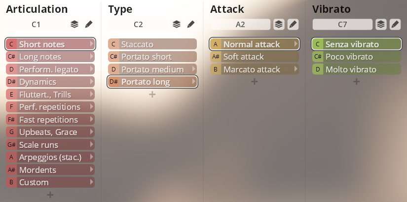 Vienna Instruments Library Brass Articulation, Type, Attack, and Vibrato selection interface, showing musical parameters like short/long notes, staccato, legato, normal/soft attack, and senza/poco/molto vibrato options.