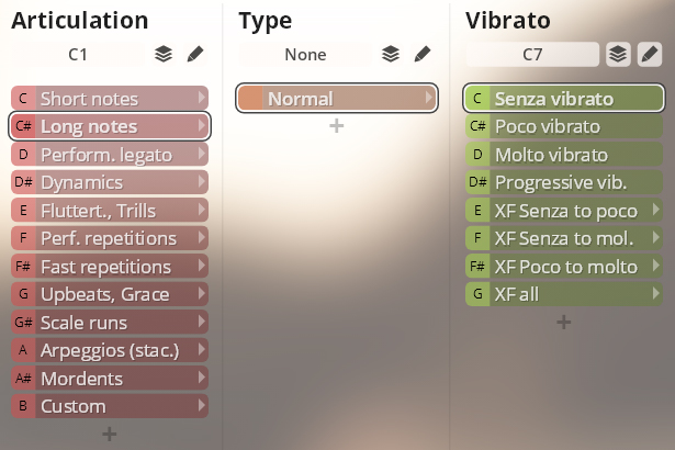 User interface showing selectable options for musical articulation types including Long notes, Normal, and Senza vibrato, relevant for digital instrument libraries or music production software.