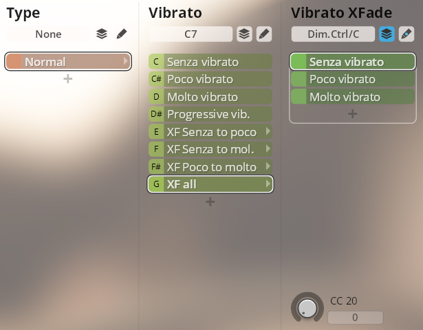 Vienna Instruments Library Brass software interface displaying vibrato settings, including Senza vibrato and Molto vibrato options for sound modulation.