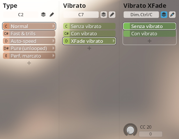 Vienna Instruments Library Brass software interface displaying Type and Vibrato settings, including Normal, Fast & Trills, Auto-speed, Pure (unlooped), Perf. Marcato, Senza Vibrato, Con Vibrato, and XFade Vibrato options.