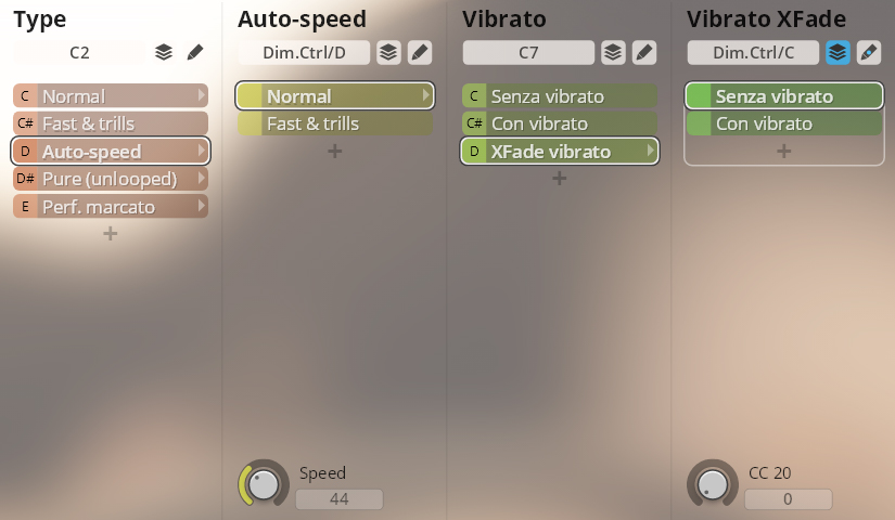 User interface showing Type, Auto-speed, Vibrato, and Vibrato XFade controls for sound modulation, relevant to Vienna Instruments Library Brass.
