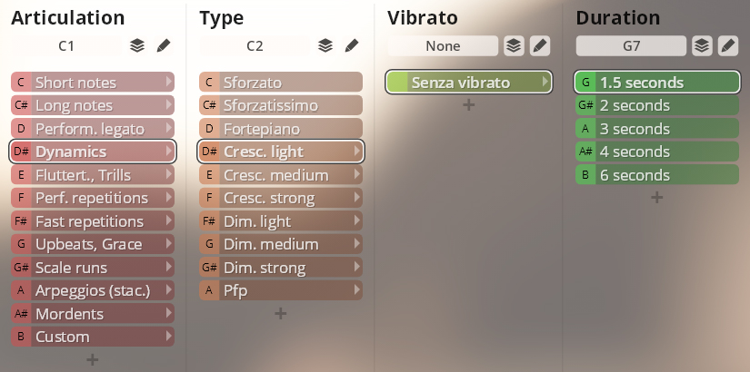 User interface showing selectable options for musical articulation, dynamics like crescendo and diminuendo, vibrato settings, and note duration in seconds, likely for a brass instrument library.