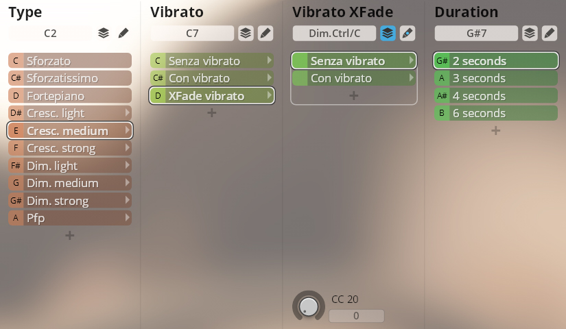 A screenshot of Vienna Instruments software showing Type, Vibrato, Vibrato XFade, and Duration settings for brass instruments, with Cresc. medium selected under Type and 2 seconds highlighted under Duration.