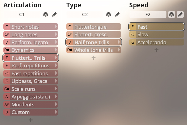 User interface displaying articulation, type, and speed settings for Studio Brass, with Fluttert., Trills, Half-tone trills, and Fast highlighted.