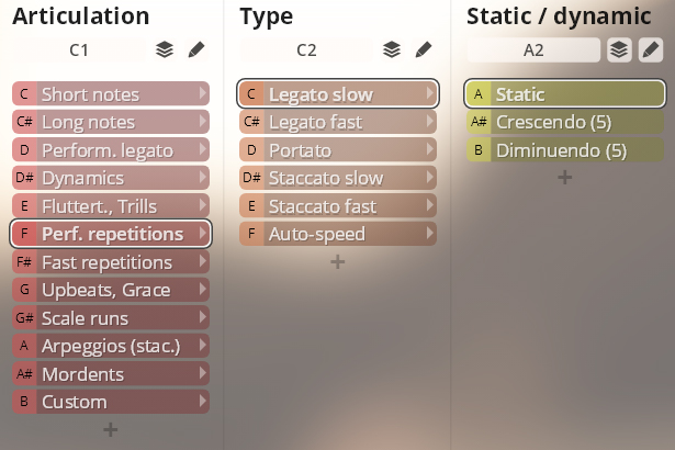 Screenshot of a software interface showing dropdown menus for musical articulation, type, and static/dynamic brass sound parameters, including options like Legato, Staccato, Crescendo, and Diminuendo.