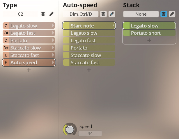 Vienna Instruments Library Brass I interface showing Type, Auto-speed, and Stack menus with options for legato, portato, and staccato articulations.