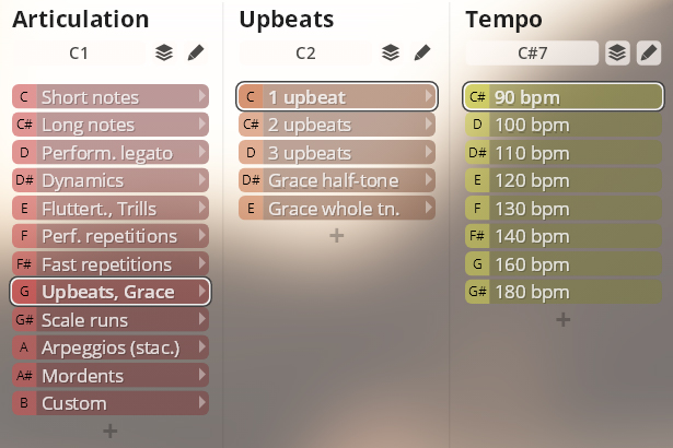 User interface showing musical articulation, upbeats, and tempo settings with options like short notes, long notes, legato, dynamics, trills, repetitions, scale runs, arpeggios, mordents, and BPM values for the Studio Brass Library.