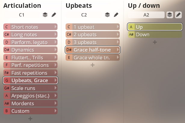 User interface showing articulation, upbeat, and up/down settings in Vienna Instruments Library Pro for brass instruments.