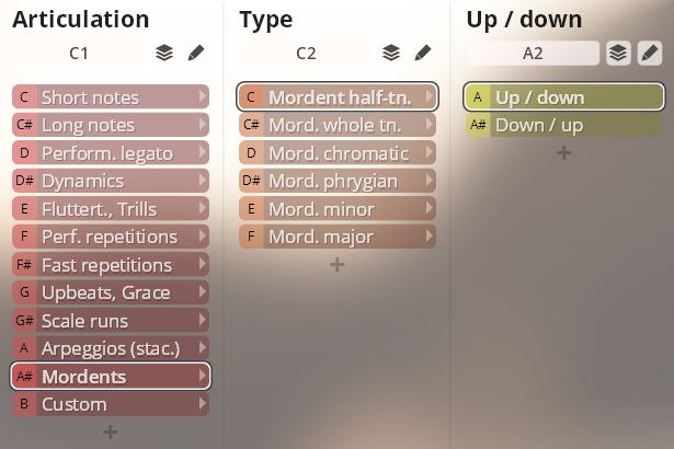 User interface displaying articulation, type, and up/down settings for Vienna Instruments Library Brass sound samples, featuring options like mordents, trills, and arpeggios.