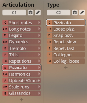 User interface showing articulation and type selection for orchestral strings, with Pizzicato highlighted under both Articulation and Type.