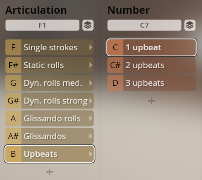 Software interface showing Studio Percussion articulation settings with selections for single strokes, static rolls, dynamic rolls, glissando rolls, glissandos, and upbeats.