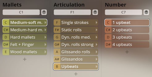 Studio Percussion software interface showing selectable options for mallets, articulation, and number of upbeats for virtual percussion instruments.