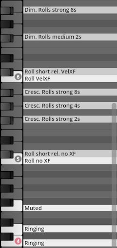 Graphical user interface displaying various percussion roll articulations and effects, including dimmed rolls, crescendos, and muted/ringing options for Kontakt or similar virtual instrument software, relevant for Studio Percussion.