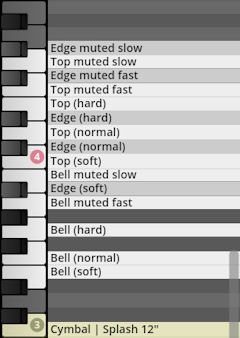 Digital piano roll interface displaying velocity layers and articulation options for cymbal percussion sounds in Studio Percussion software.