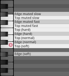 Virtual instrument interface showing a piano key mapping for Studio Percussion sounds like muted, hard, normal, and soft hits on the top and edge of percussion instruments.