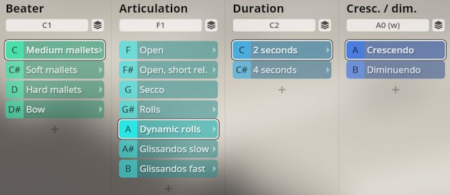 Studio Percussion software interface showing selectable options for beater type, articulation, duration, and crescendo/diminuendo.