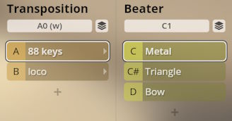 Studio Percussion software interface showing Transposition and Beater settings, with Metal, Triangle, and Bow beater options.