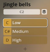 Jingle bells C2 Low, Medium, High percussion instrument software interface, showing different jingle bells pitch options.