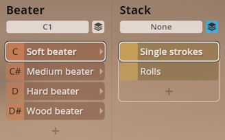 Studio Percussion software interface showing Beater and Stack options for sound customization.