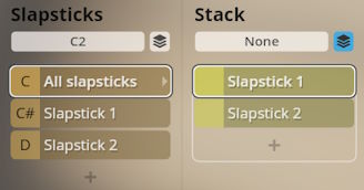 Studio Percussion software interface showing Slapsticks and Stack options for sound selection.