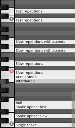 Virtual instrument percussion key assignments displaying various sound articulations like fast repetitions, slow repetitions with accents, accelerando, ritardando, roll, and shaker effects.