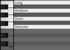 Close-up of a digital piano keyboard interface showing labeled keys for percussion sounds: Long, Medium, Short, and Staccato.
