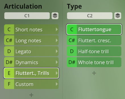 Software user interface showing woodwind articulation options including short notes, long notes, legato, dynamics, fluttertongue, and trills within the Studio Special Woodwinds library.
