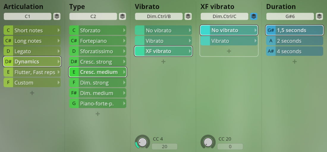 Studio Special Woodwinds software interface showing options for articulation, type, vibrato, XF vibrato, and duration settings for instrument sounds.