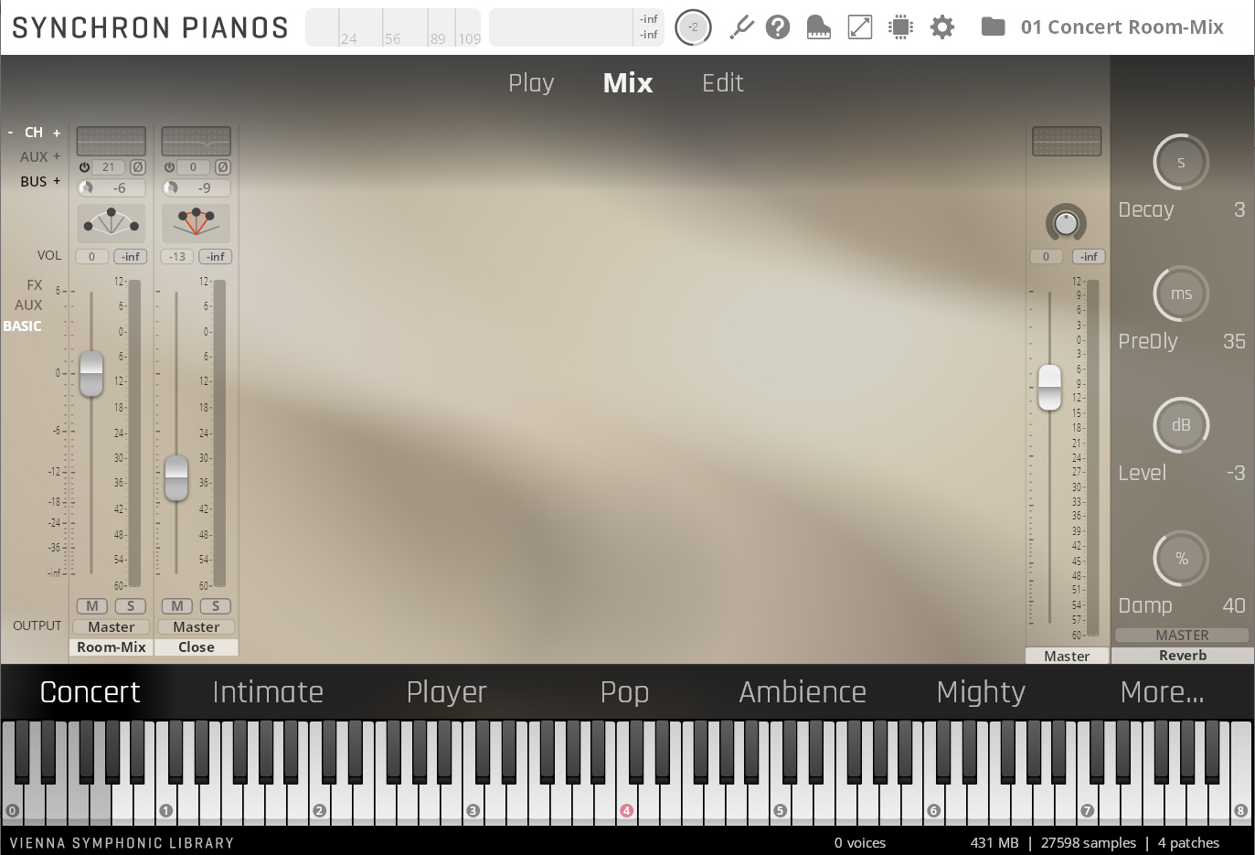 A screenshot of the Fazioli F308 Synchron Pianos virtual instrument software interface, showing the Mix tab with audio controls, faders, reverb settings, and a virtual keyboard.
