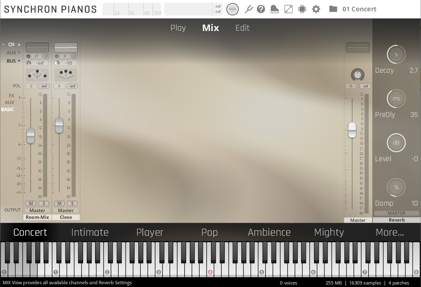 Synchron Pianos software interface for the Steinway D-274 Concert Grand Piano, showing the mix view with audio channels, reverb settings, and a virtual keyboard.