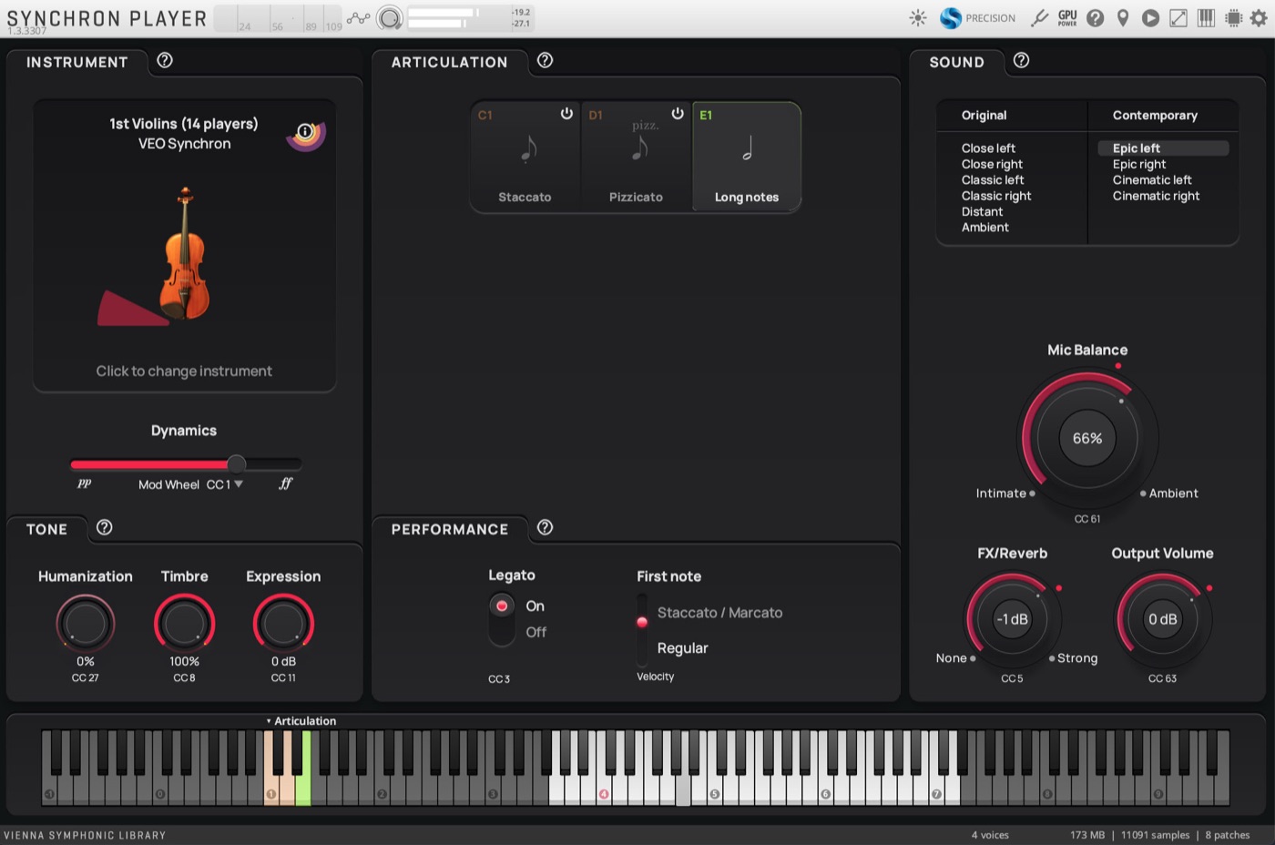 Flow View showing Synchron Violins: one window with playing styles and five labelled dials