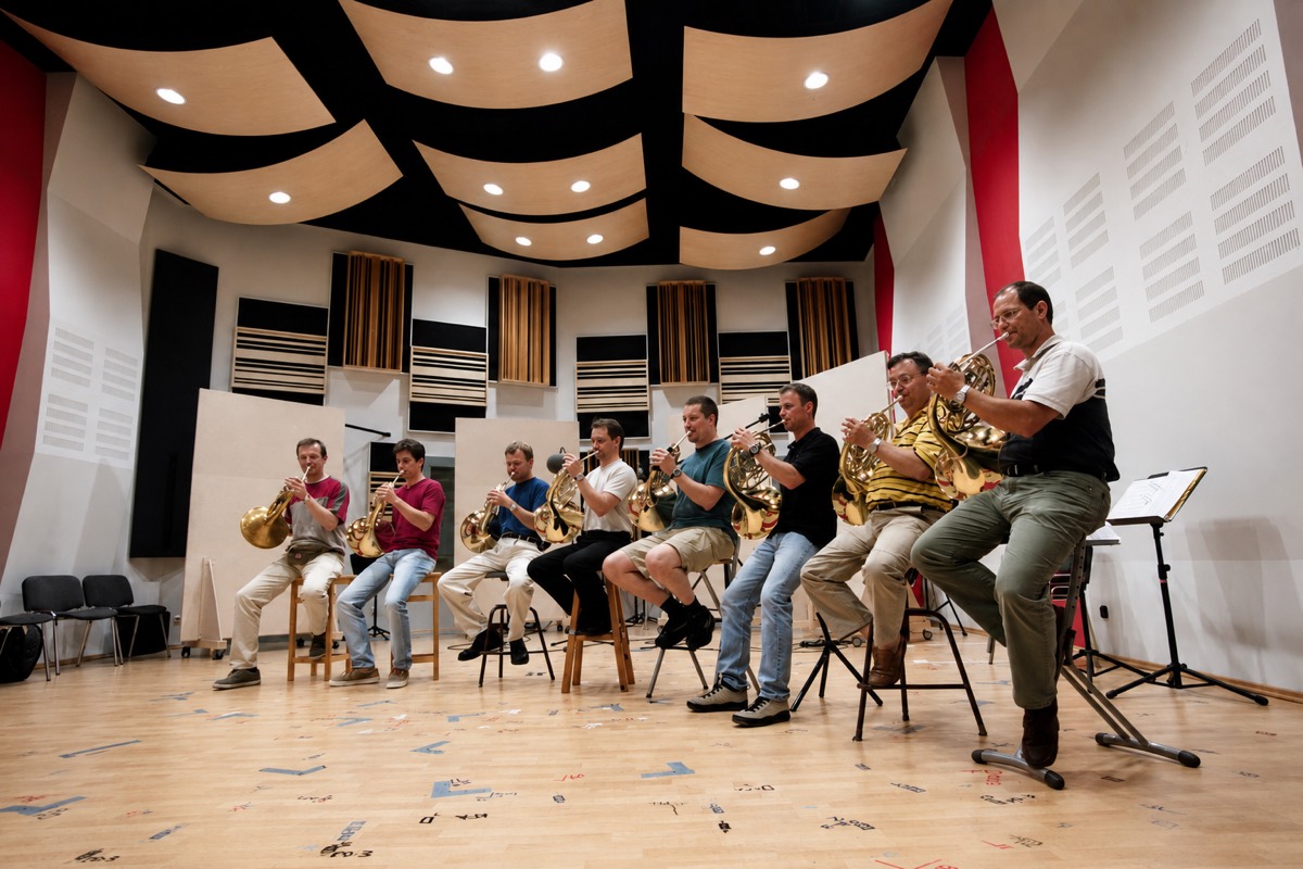 A horn player recording in the dry, close acoustics of the Silent Stage studio