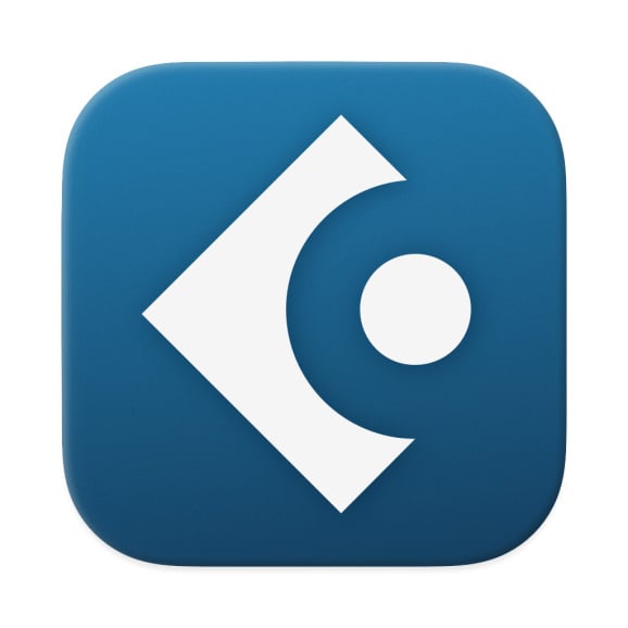 Cubase music software logo icon, white abstract C shape and dot on a rounded blue square background