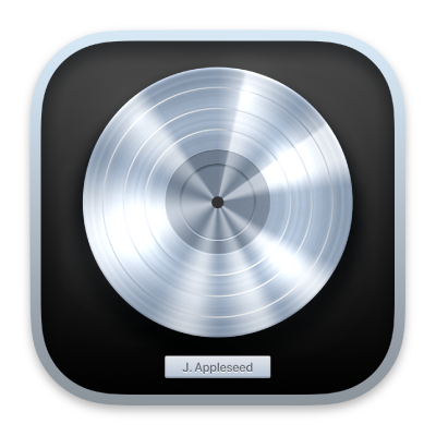 A black and white icon resembling a record album with a silver metallic disc, labeled J. Appleseed on a small white nameplate.