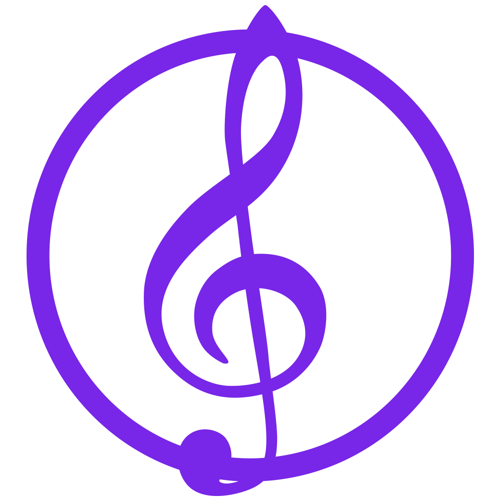 Purple treble clef music symbol inside a circle on a black background.