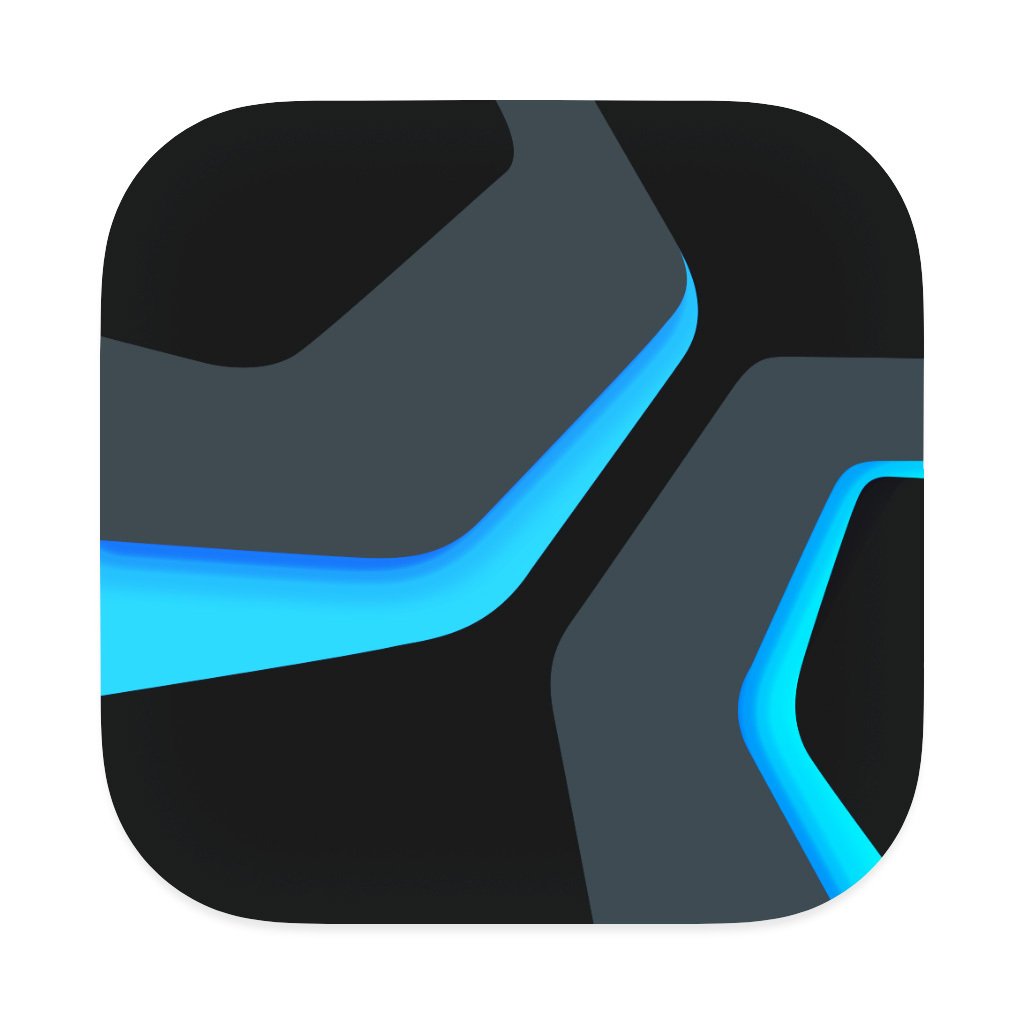 Abstract black and grey icon with rounded corners featuring bright blue glowing lines resembling tire treads