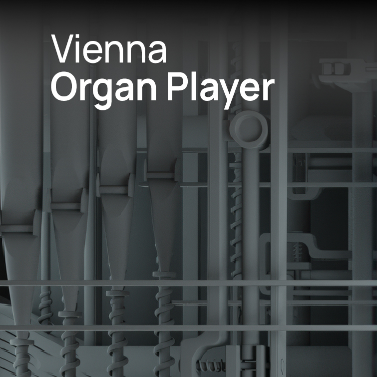 Vienna Organ Player text on a dark gray background with abstract, light gray mechanical shapes resembling organ pipes and inner workings.