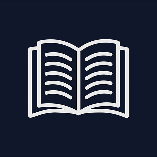 Outline icon of an open book with text lines on pages, signifying education, knowledge, reading, or learning.