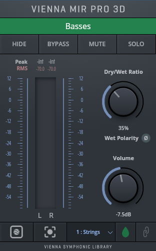 Vienna MIR Pro 3D plugin interface showing controls for bass instrument settings, including peak RMS levels, dry/wet ratio, volume, and playback options for audio production.