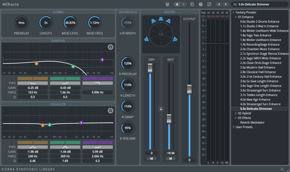 Vienna MIRacle algorithmic reverb plug-in interface displaying global controls, damping and equalizer graphs, sound field settings with dry and wet sliders, master output meters, and a detailed list of factory presets including Delicate Shimmer.