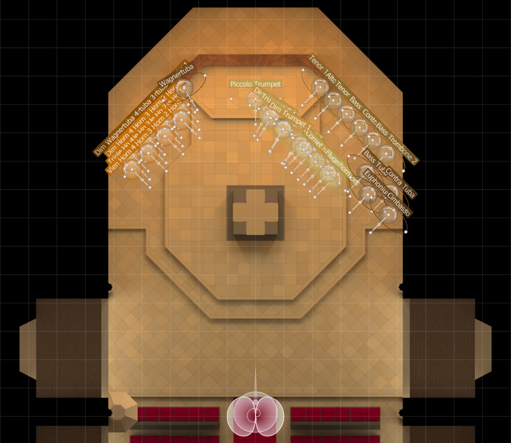 Top-down view of a virtual concert hall layout in Vienna MIR Pro's MIRx Mode, showing instrument placement markers for Organ, Harmonium right, and Glass Instruments for realistic acoustic simulation.