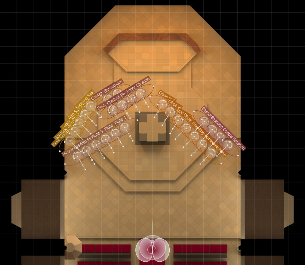 Overhead view of a virtual concert hall or venue within Vienna MIR Pro showing the MIRx Mode function layer with instrument and microphone positions labeled Whistlers, Col.Alt - solo left, and EBass - solo right, demonstrating sound stage setup.