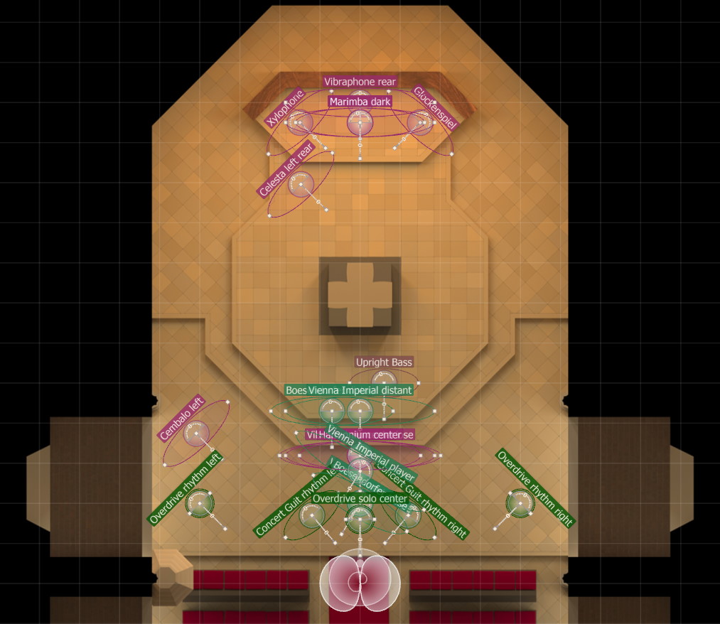 Vienna MIR Pro MIRx Mode instrument placement layout, showing various orchestral instruments like Crm horn, trumpet, recorder, oboe, flute, cornett, serpent, and Ophicleide arranged on a grid within a virtual venue.