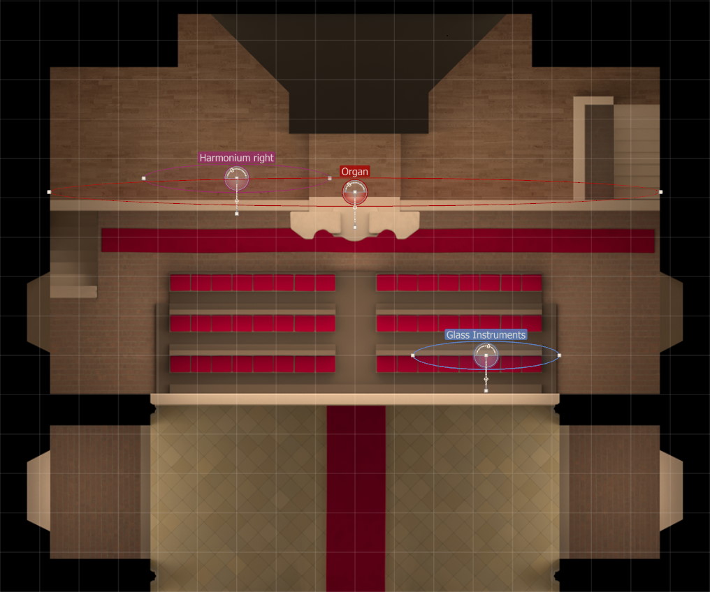 Overhead floor plan of a concert hall or church, showing seating rows, an organ, harmonium right, and glass instruments with labels and position indicators.