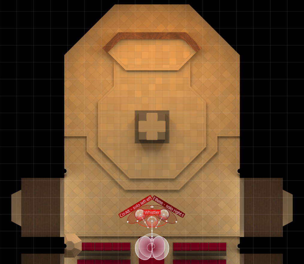 Top-down view of a dungeon map, featuring distinct architectural shapes and a grid overlay. Red labels indicate Col Alt - solo left, E Bass - solo right, and Whistler, with sound wave-like graphics at the bottom.