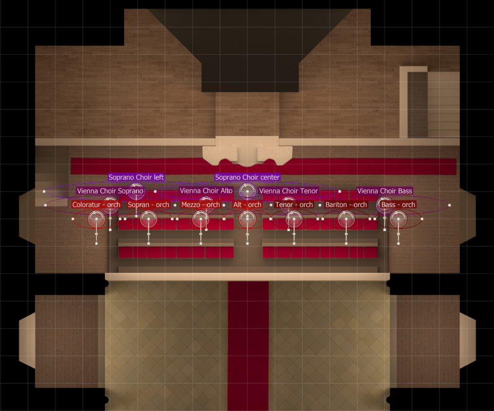 Overhead view of a theater showing stage and audience areas with labels for Soprano, Alto, Tenor, and Bass choir sections, and orchestral instrument sections for coloratura, soprano, mezzo, alto, tenor, baritone, and bass, illustrating a virtual orchestra and choir setup.