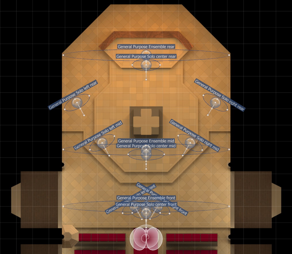 Overhead view of a performance space layout with labeled microphone placements including General Purpose Solo left/right/center at rear, mid, and front, and General Purpose Ensemble at rear, mid, and front.